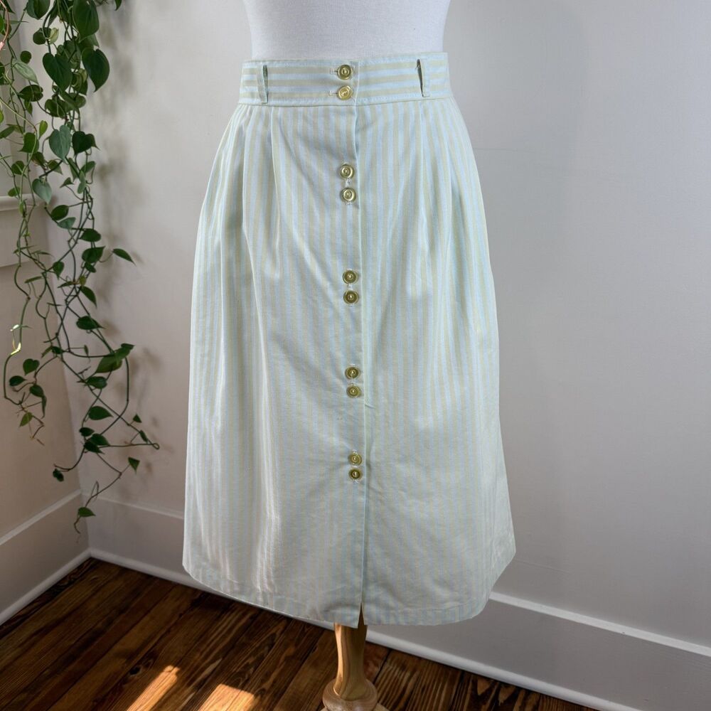 Vintage Striped Cotton Blend Midi Skirt | High-Waist Button-Front Coastal Preppy